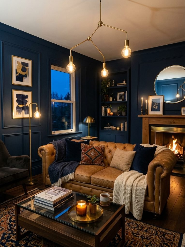 Deep navy blue living room with camel leather sofa and brass lighting styled for evening ambiance.