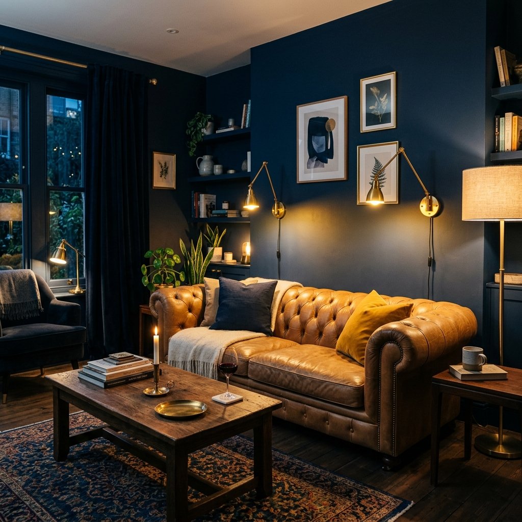 Deep navy blue living room with camel leather sofa and brass lighting styled for evening ambiance.