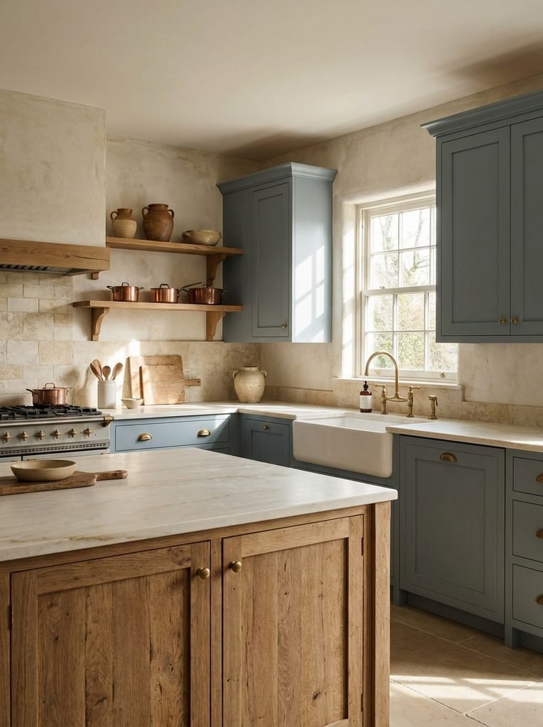 Dusty blue-gray kitchen cabinets with warm white, oak and stone finishes.