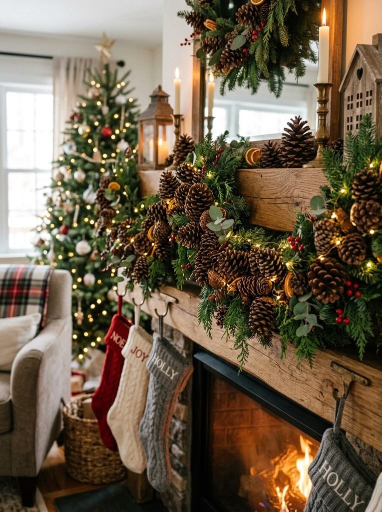 Evergreen Christmas garland styled with pinecones as its main texture