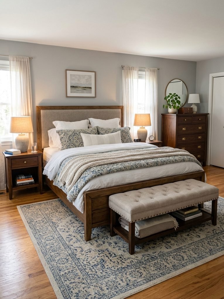 Example bedroom furniture layout showing bed, chest of drawers, bench and side table fitted around a dominant bed