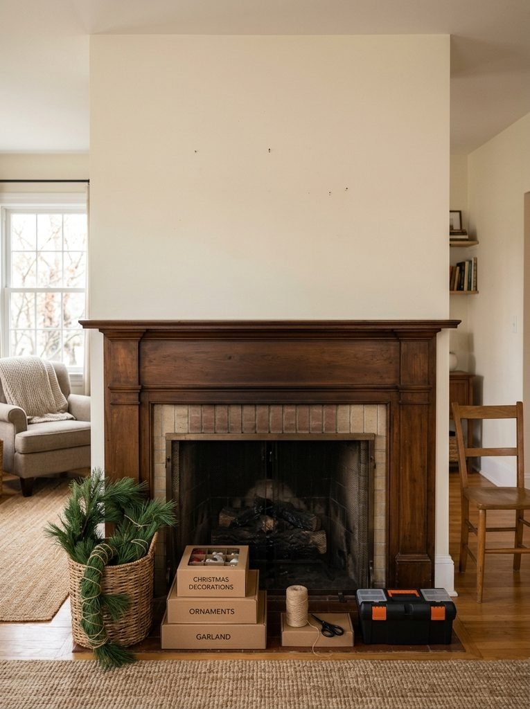 Fireplace mantel cleared of everyday decor before Christmas styling