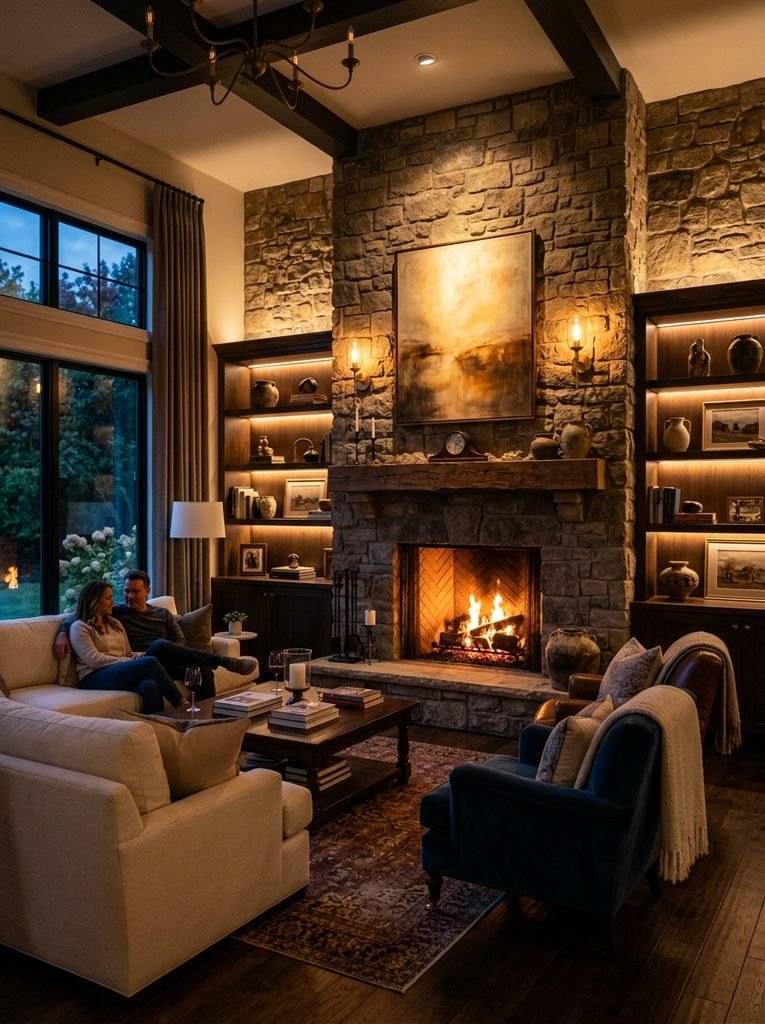 Fireplace wall illuminated with layered warm lighting in an elegant evening living room.