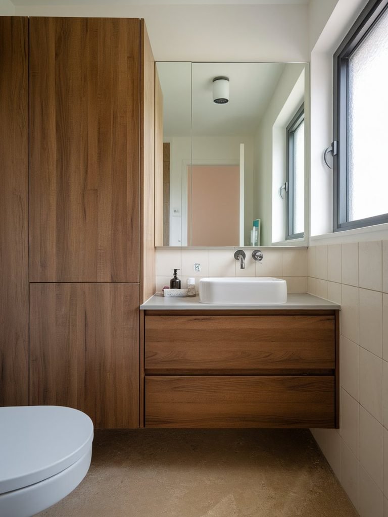 Floating vanity in a small bathroom that keeps the floor visible and makes the room feel larger.
