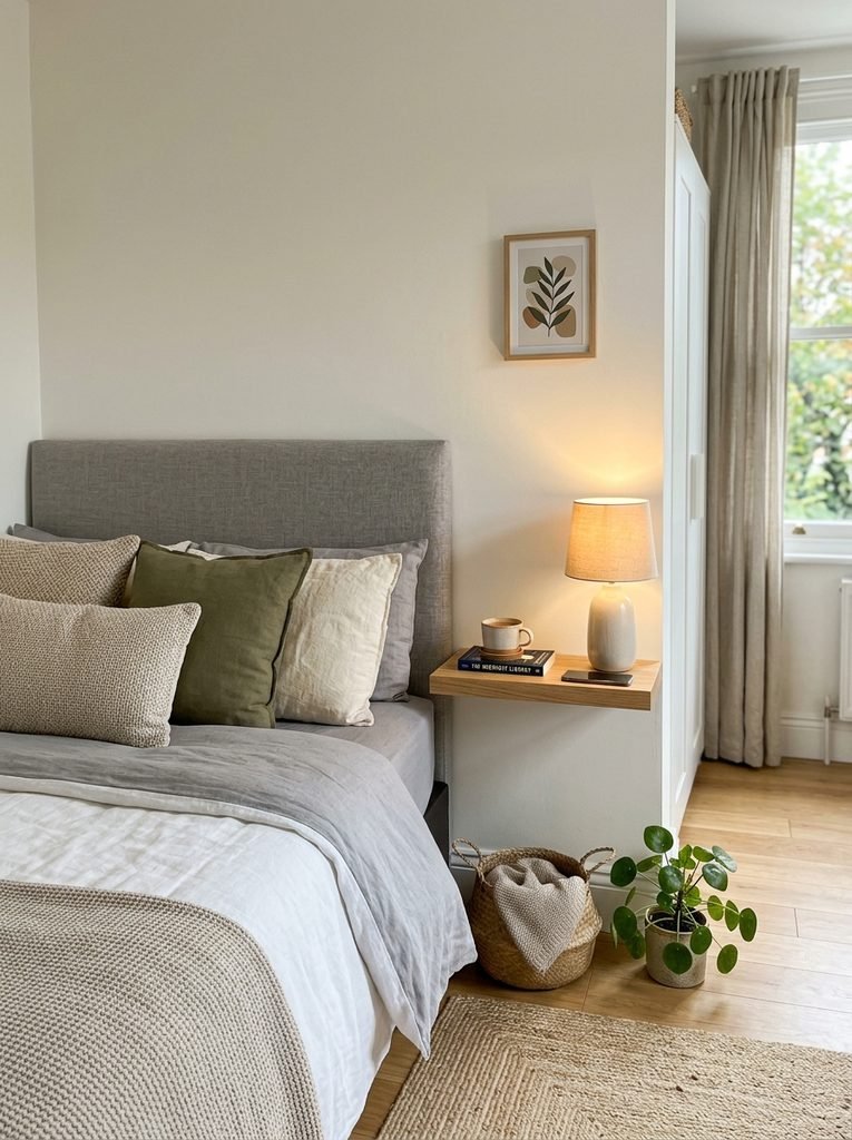 Floating wall shelf used as a space-saving nightstand alternative beside a bed