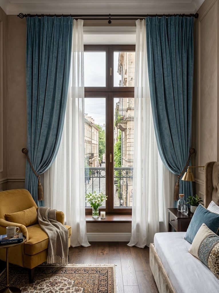 Floor-length layered curtains framing a boutique hotel style apartment bedroom window.