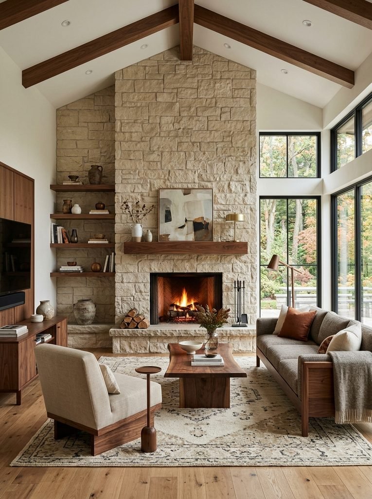 Floor-to-ceiling limestone fireplace wall with walnut furniture in a warm contemporary living room.