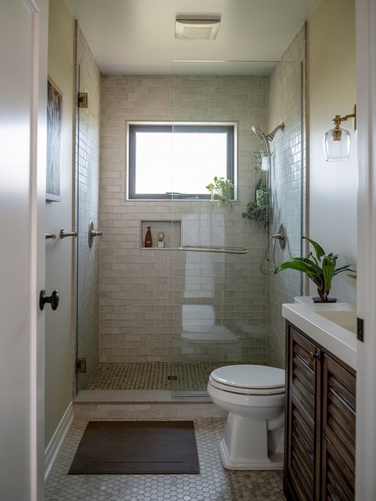 Frameless glass shower with matching tile that keeps the small bathroom feeling like one continuous space.