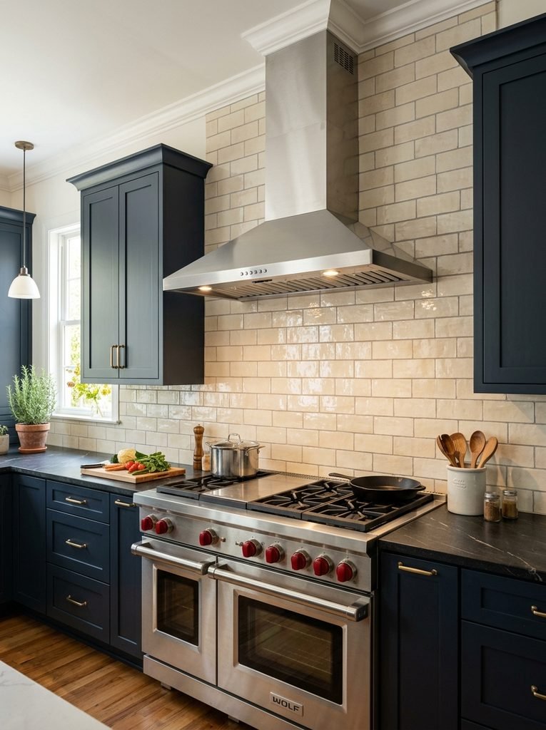 Full-height ceramic tile backsplash running from countertop to ceiling behind a kitchen range.