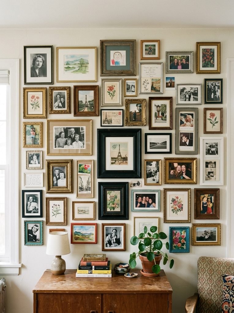 Gallery wall with uneven spacing between frames creating a cluttered look