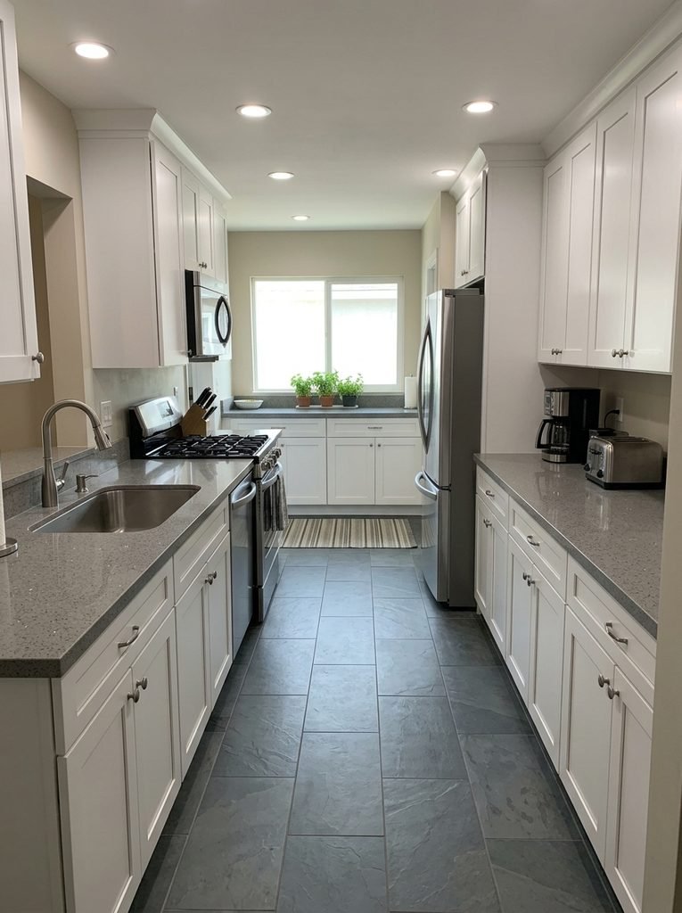 Galley kitchen layout with parallel counters and proper aisle clearance for easy movement.