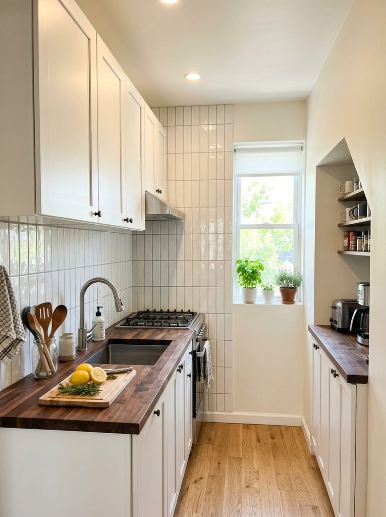 Glossy vertical-stack tile backsplash brightening a small galley kitchen.