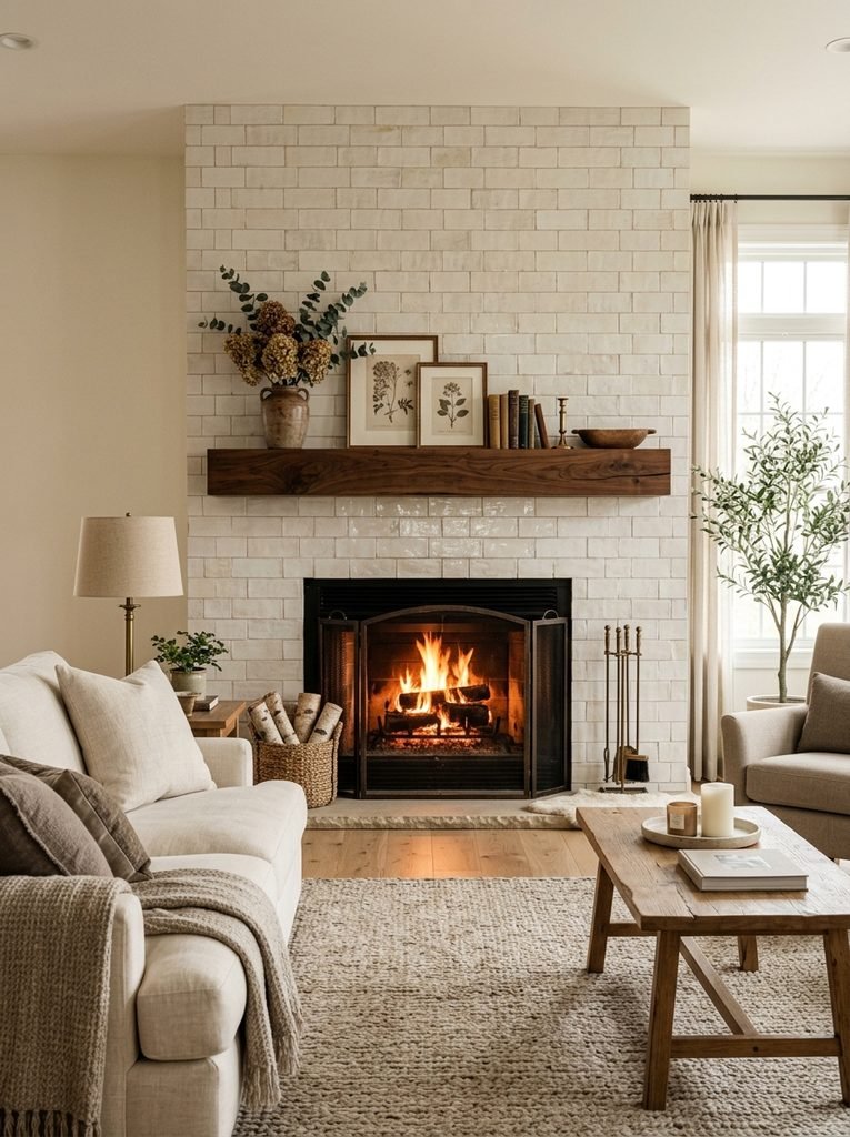Handcrafted ivory tile fireplace wall with walnut mantel and neutral living room furniture.