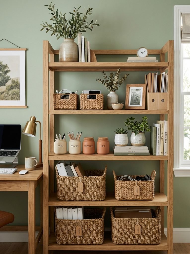 Home office storage shelf combining woven baskets and ceramic containers for organized, decorative storage.