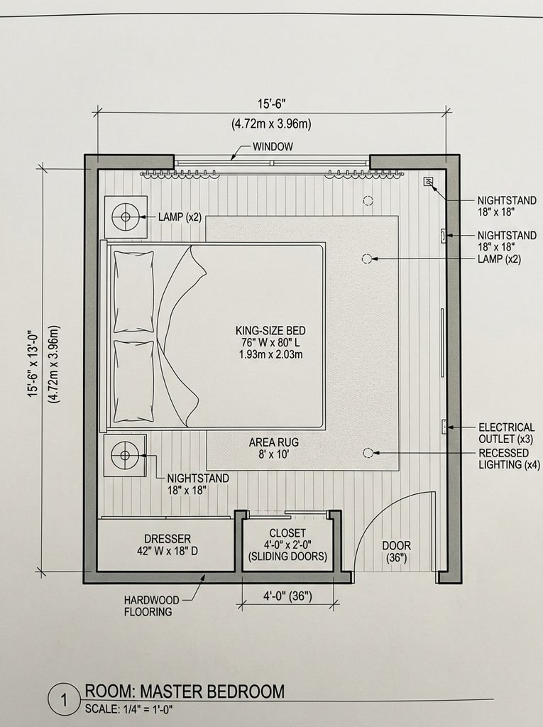 King-size bed dominating a bedroom floor plan with minimal surrounding furniture