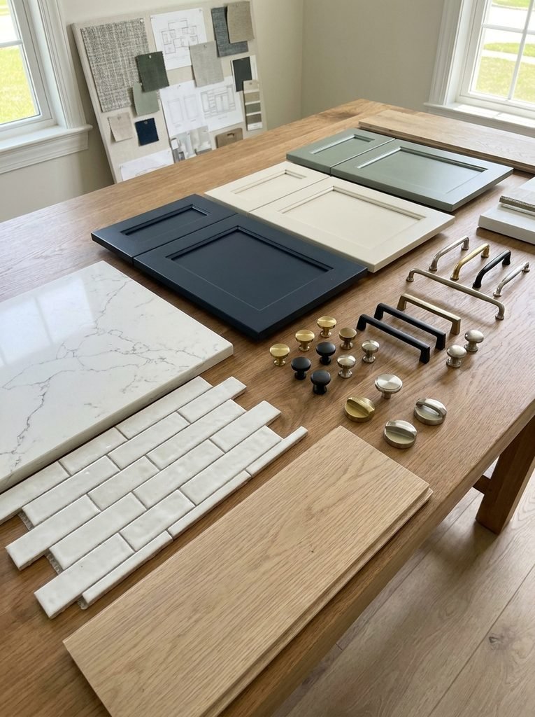 Kitchen cabinet color samples compared with countertop, backsplash, flooring and hardware materials.