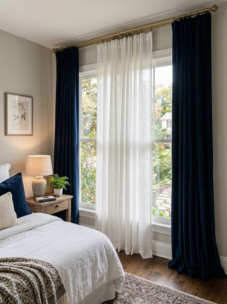 Layered bedroom curtains showing a sheer panel in front of a floor-length blackout drape.