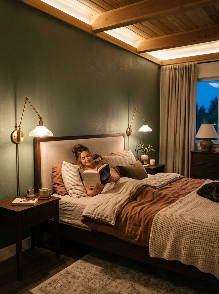 Layered bedroom lighting with wall sconces and warm ambient illumination.