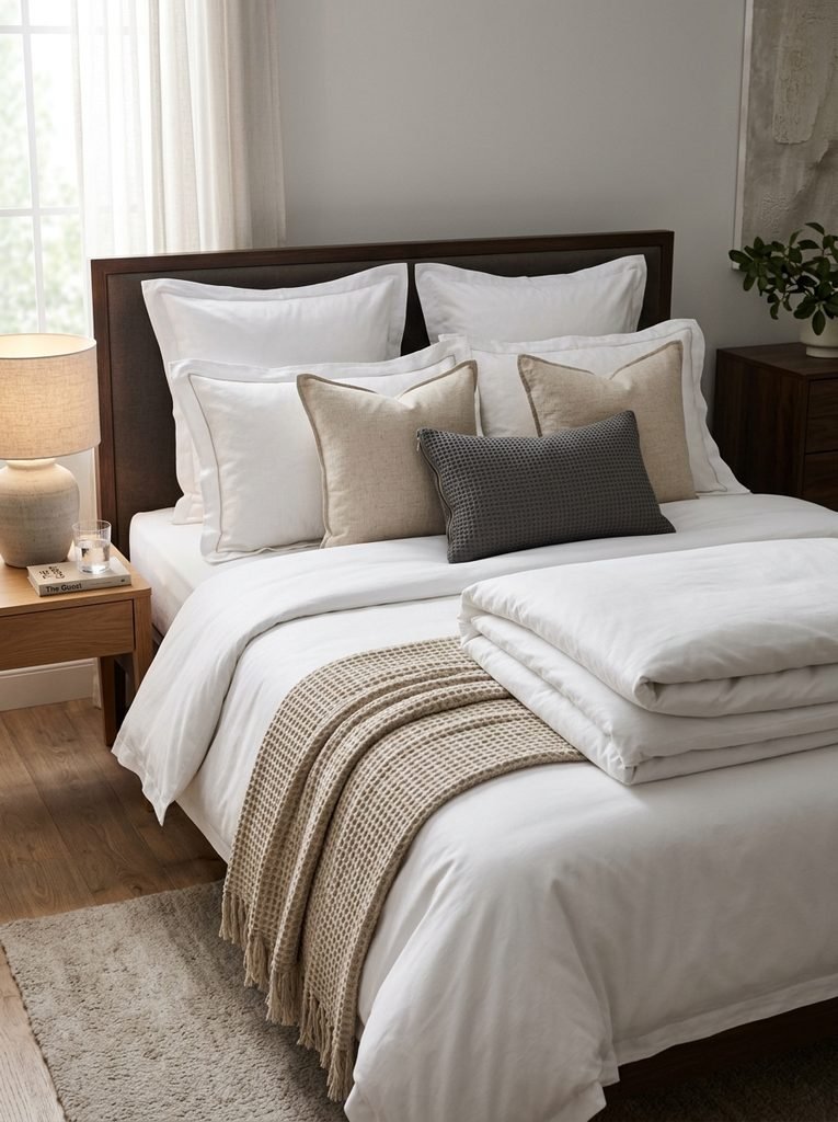 Layered hotel-style bed with folded duvet, waffle throw, and graduated pillow arrangement.