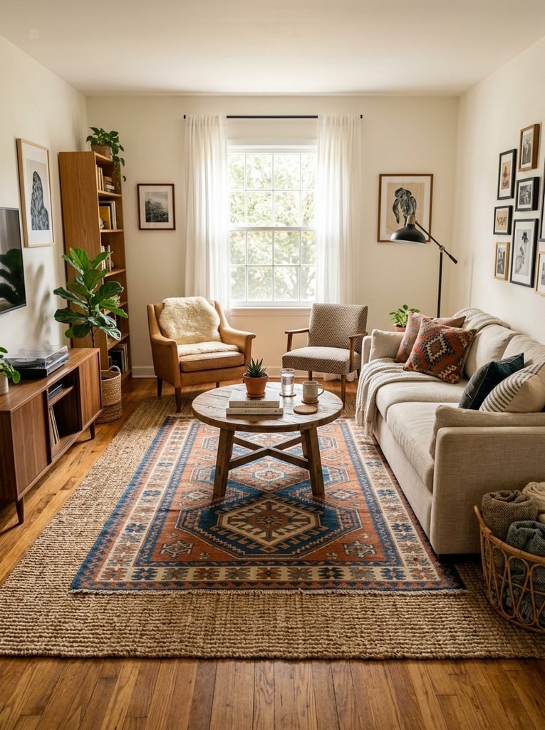 Layered jute and patterned rugs anchoring a rental living room seating area.