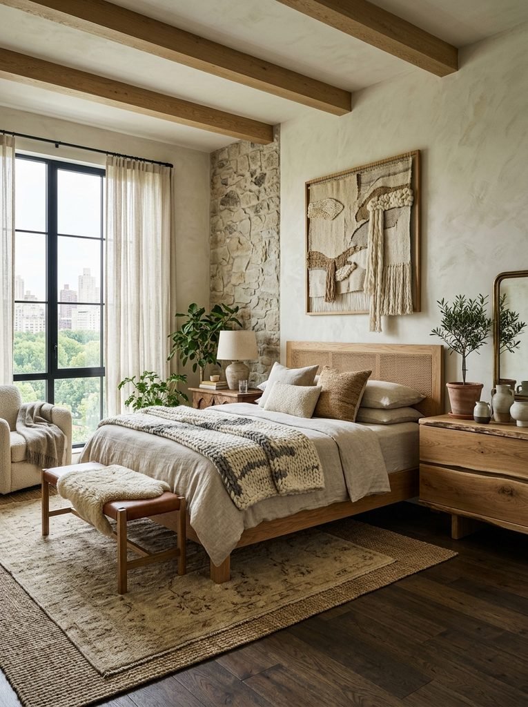 Layered natural materials and textures in a sophisticated apartment bedroom.
