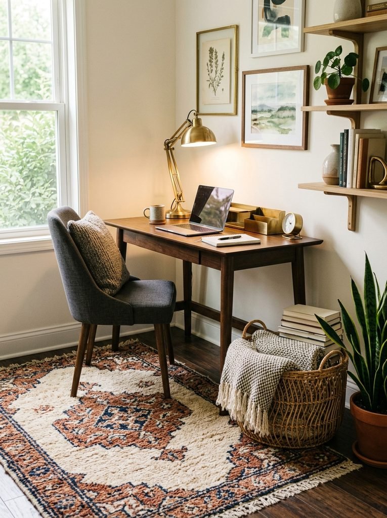 Layered textures including a wool rug, rattan basket, and brass accents in a warm home office setup.