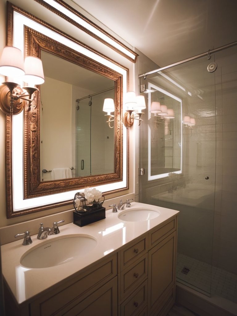 Layered vanity lighting with sconces and a large mirror that brightens a small bathroom.
