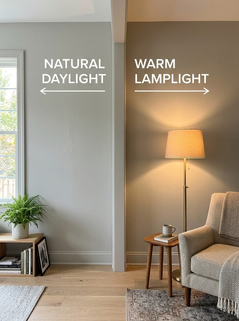 Living room wall showing how the same gray paint color looks different under daylight versus warm lamplight.