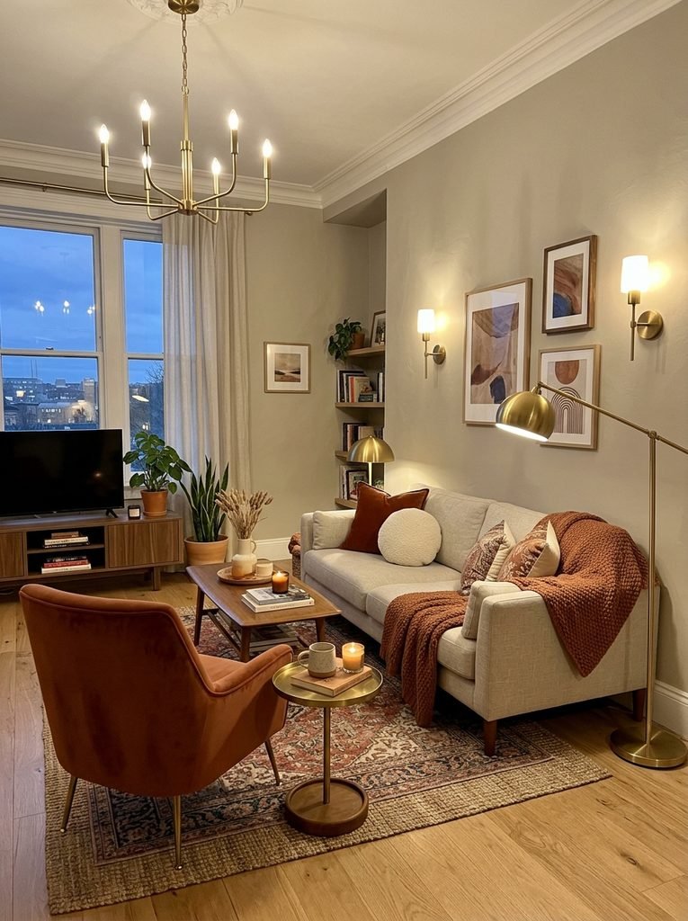 Living room with warm greige walls, terracotta accent chair, and brass lighting for a cozy day-to-night color scheme.