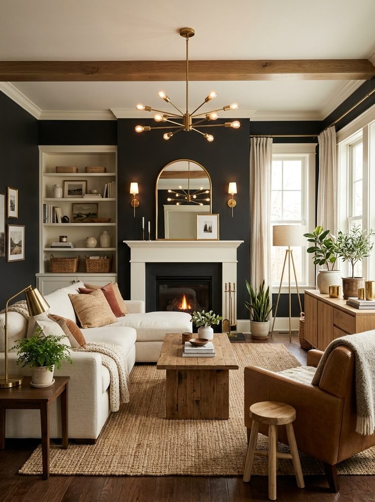 Living room with warm soft black walls and warm white trim styled with brass fixtures and natural textures.