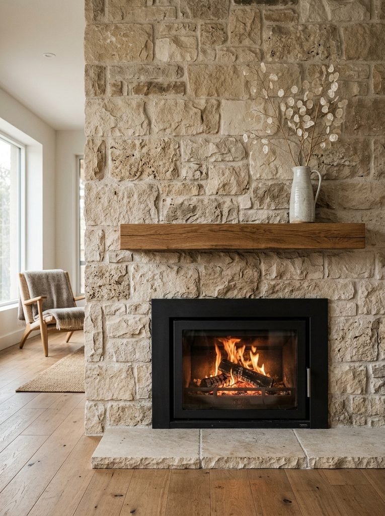 Minimal fireplace mantel styled with one ceramic vessel against a textured limestone wall.