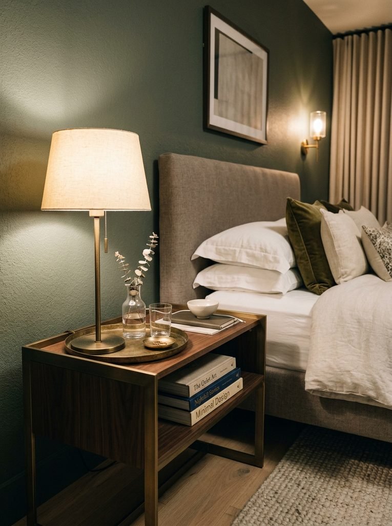 Minimal styled nightstand with lamp, brass tray, and stacked books in a hotel-inspired bedroom.