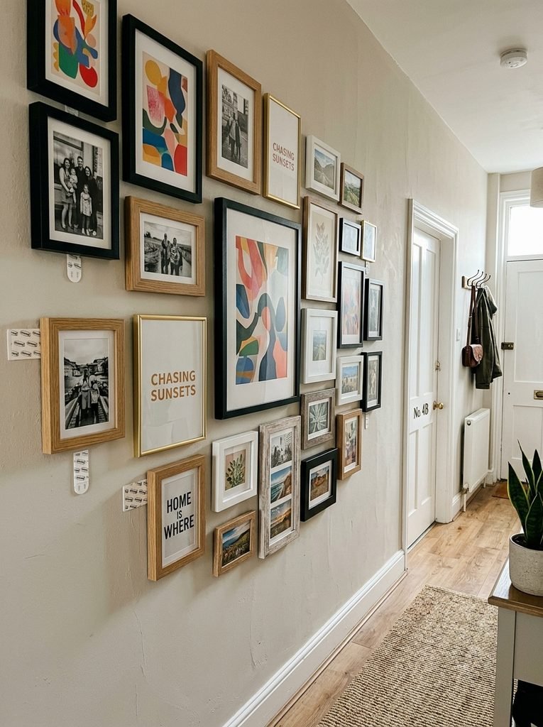 Mixed-frame gallery wall hung with removable adhesive strips in a rental hallway.