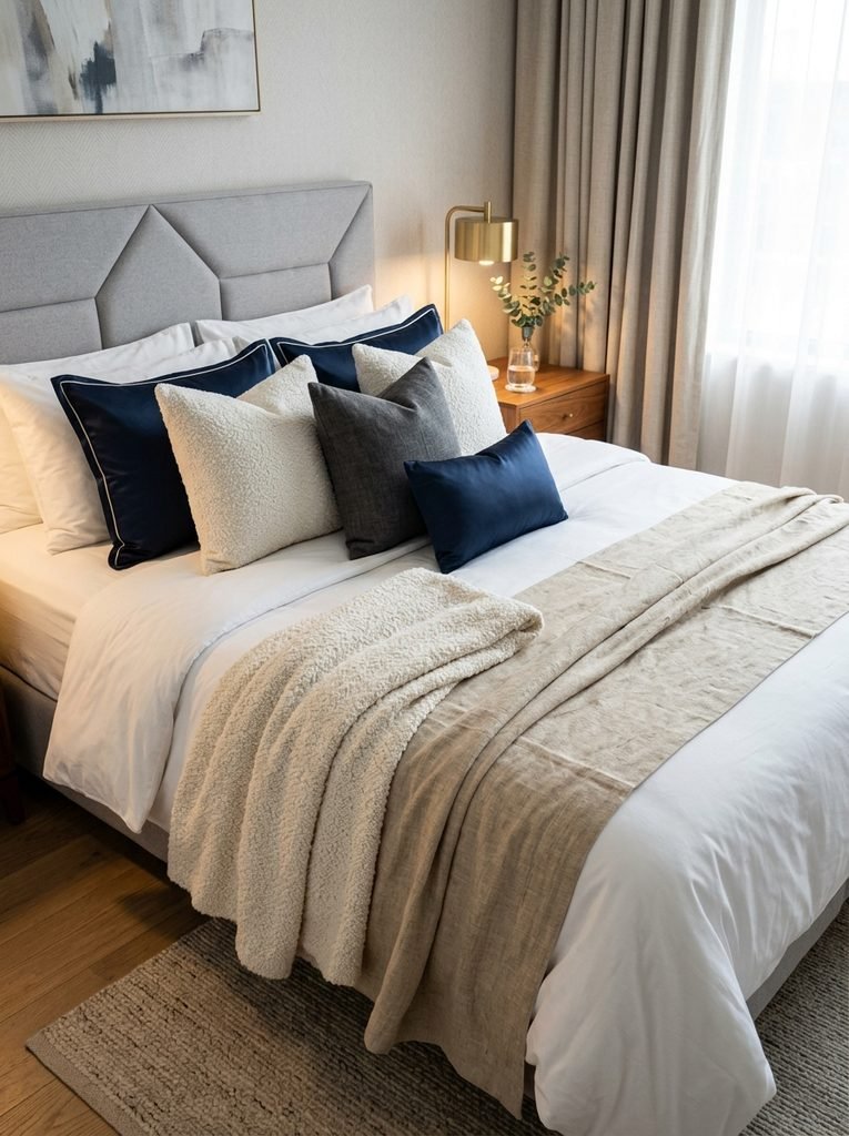 Mixed linen, bouclé, and cotton sateen textiles arranged together on a hotel-style bed.