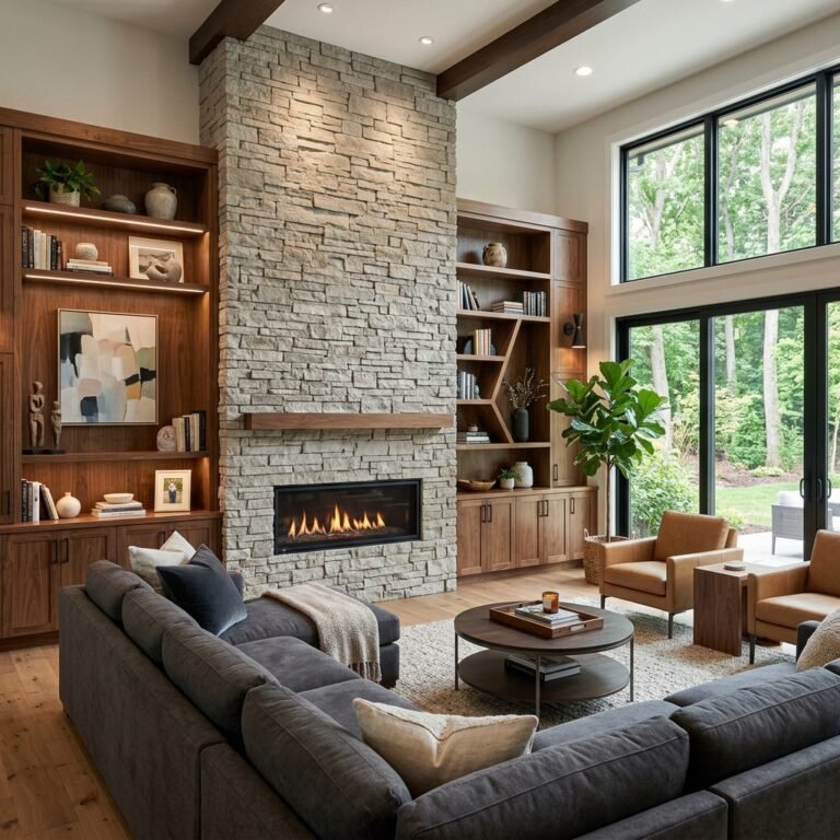 Modern living room with a full-height stone fireplace feature wall and warm walnut built-ins.