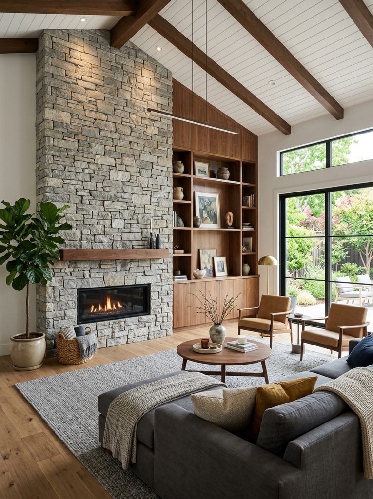 Modern living room with a full-height stone fireplace feature wall and warm walnut built-ins.