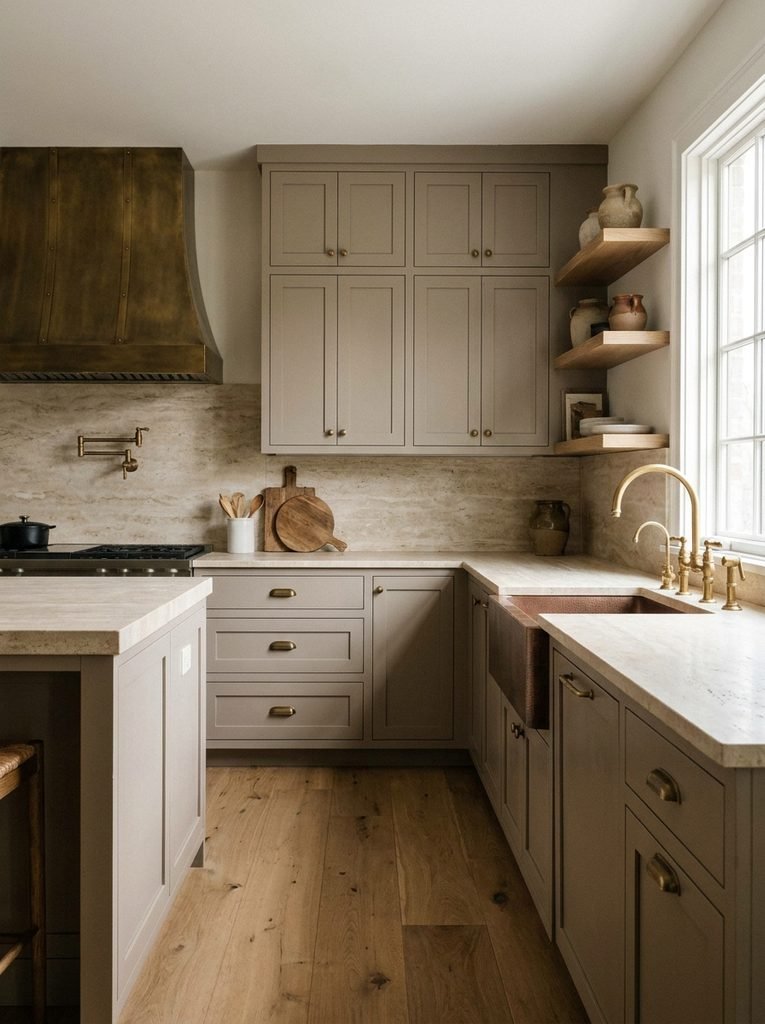 Mushroom-colored kitchen cabinets with travertine, oak and antique brass finishes.