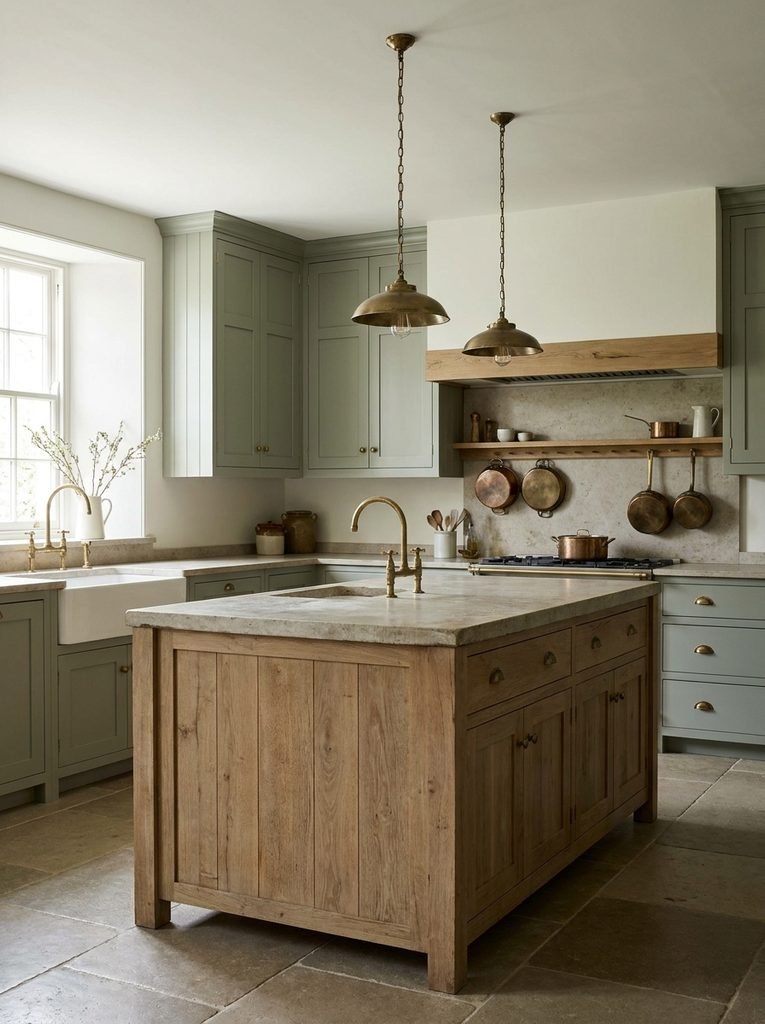 Muted sage green kitchen cabinets paired with oak, limestone and aged brass.