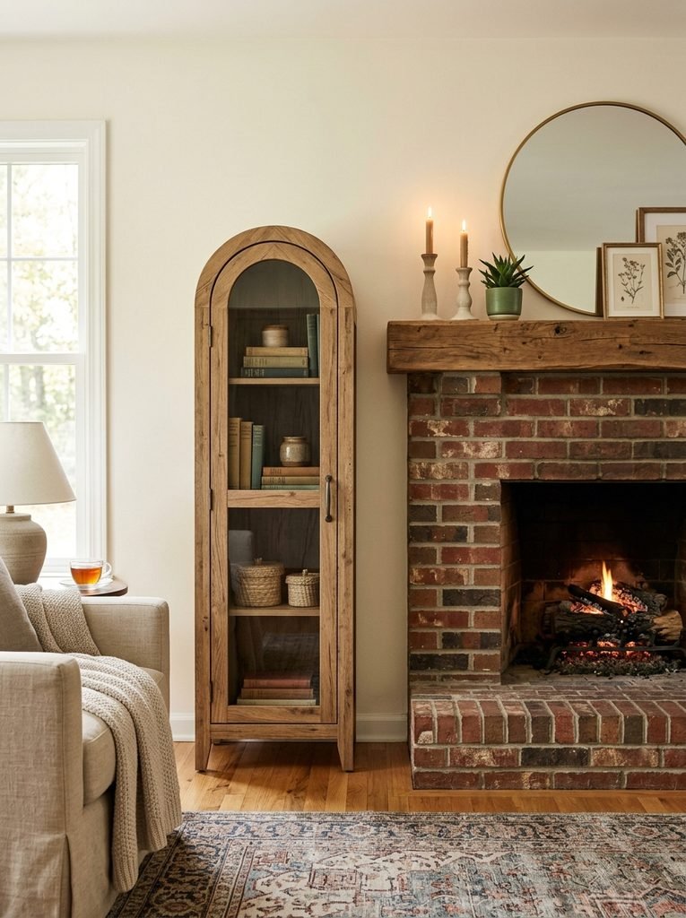 Narrow arched storage cabinet used as a decorative accent beside a fireplace.