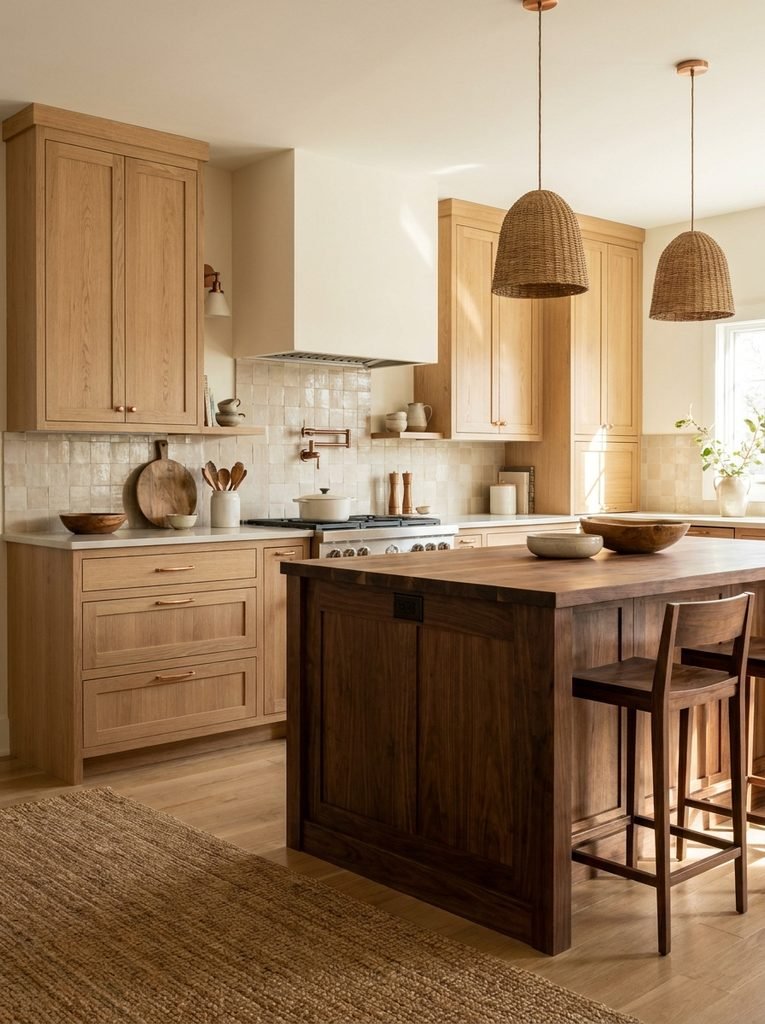 Natural oak kitchen cabinetry with contrasting walnut island and warm neutral finishes.
