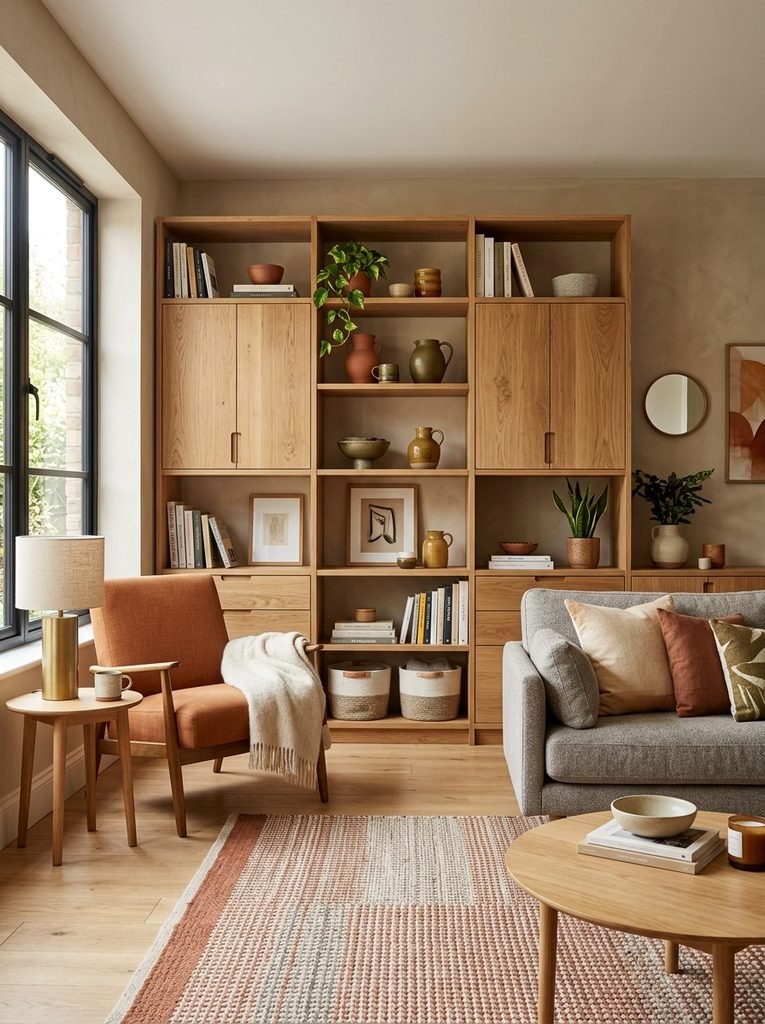 Natural wood storage furniture coordinated with a warm modern living room palette.
