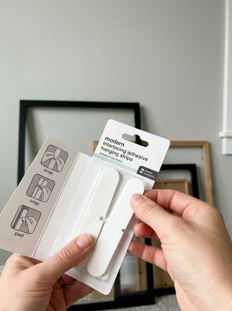 Adhesive hanging strips used to mount gallery wall frames without nails