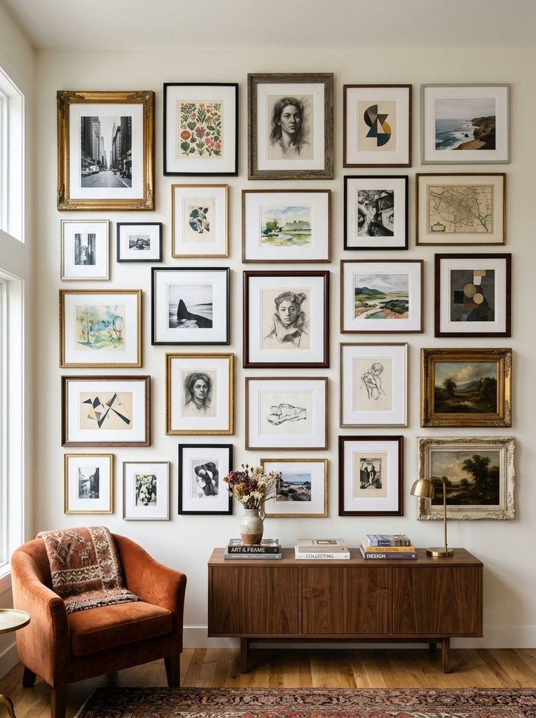 Gallery wall unified by consistent matting despite mixed frame styles