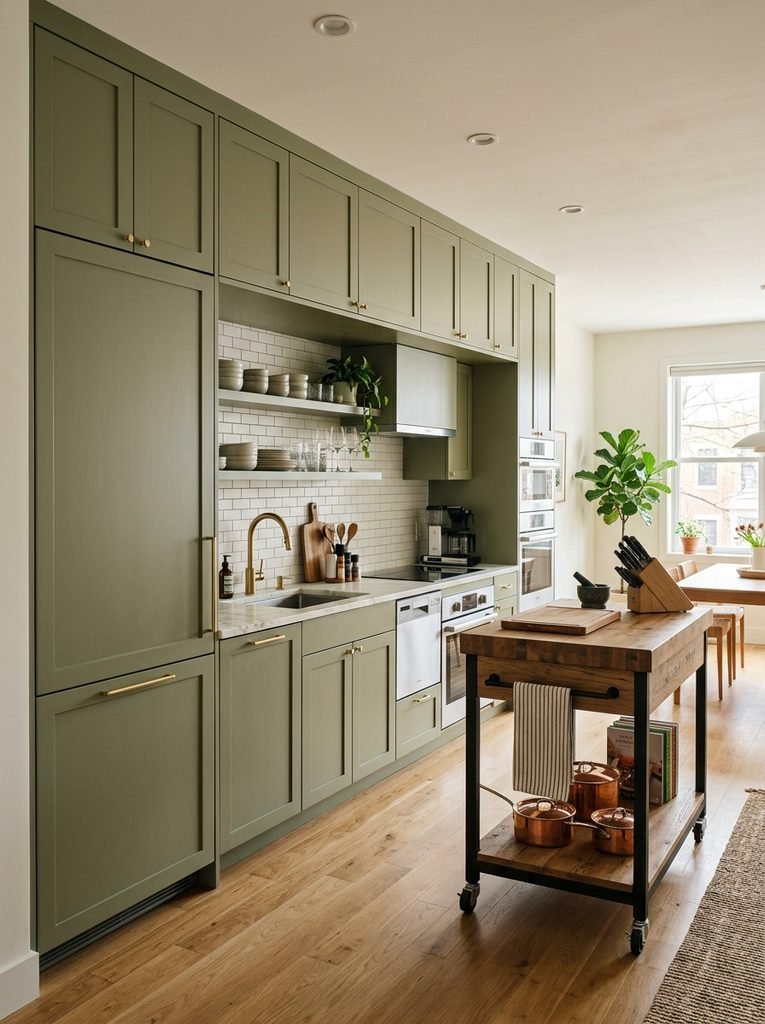 One-wall kitchen layout with floor-to-ceiling cabinets and a rolling cart for extra counter space