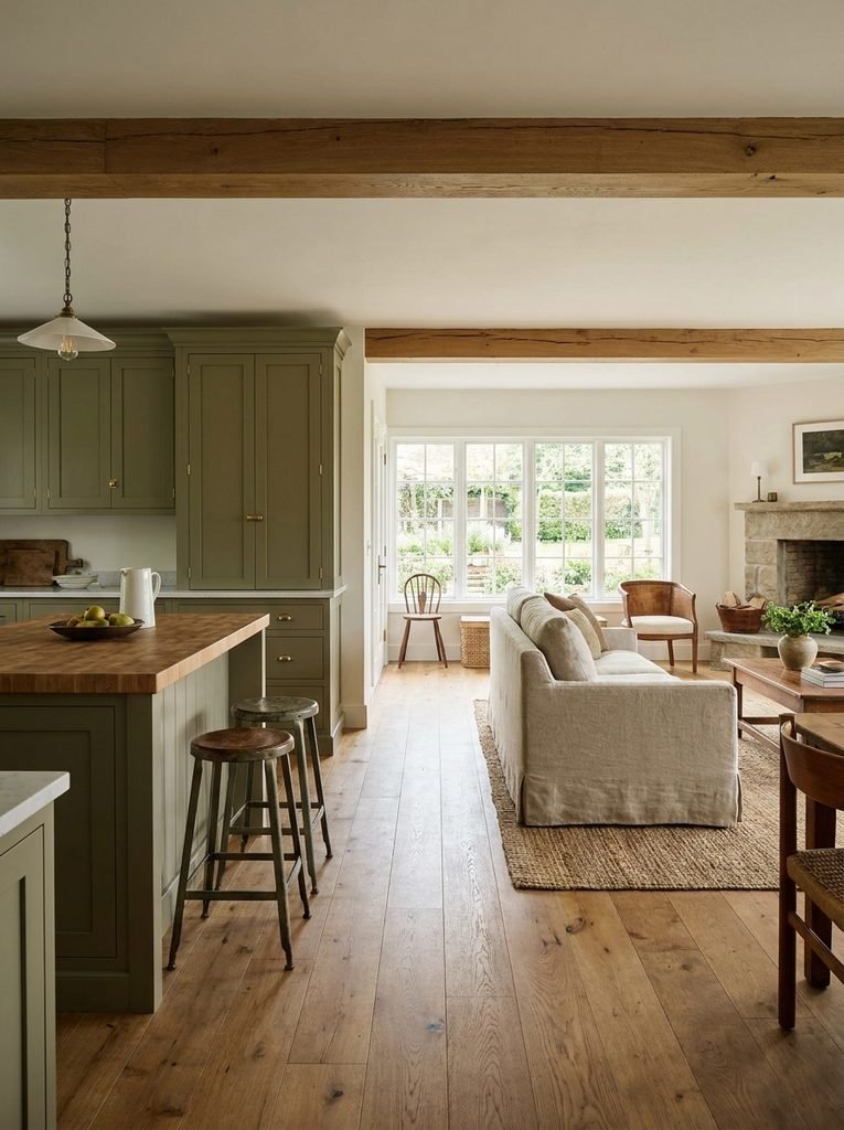 Open-plan kitchen with muted olive cabinets coordinated with a warm neutral living room.