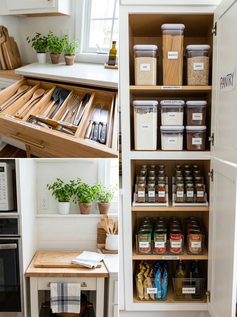 Organized kitchen drawer and pantry storage divided into functional zones for a small kitchen.