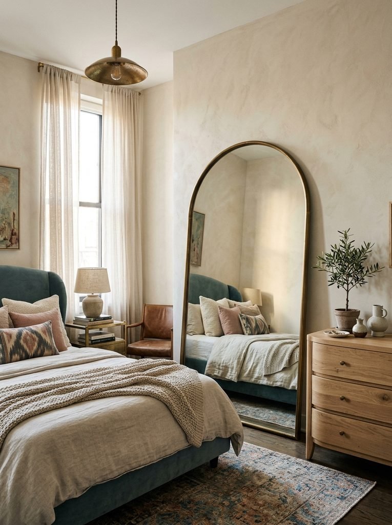 Oversized arched mirror used as a statement feature in a boutique hotel inspired apartment bedroom.