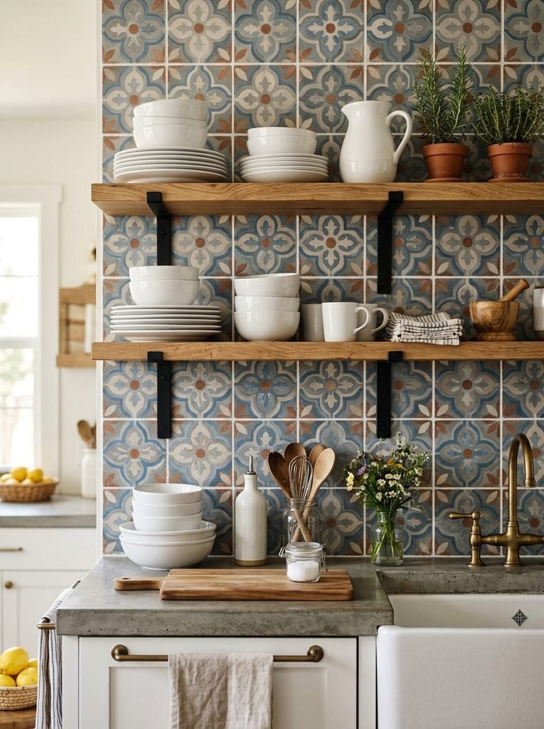 Patterned cement tile backsplash behind open kitchen shelving with white dinnerware.