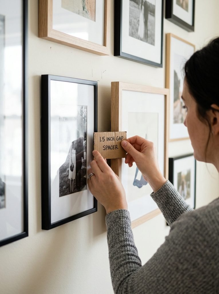 Using a cardboard spacer tool to keep gallery wall frame gaps consistent
