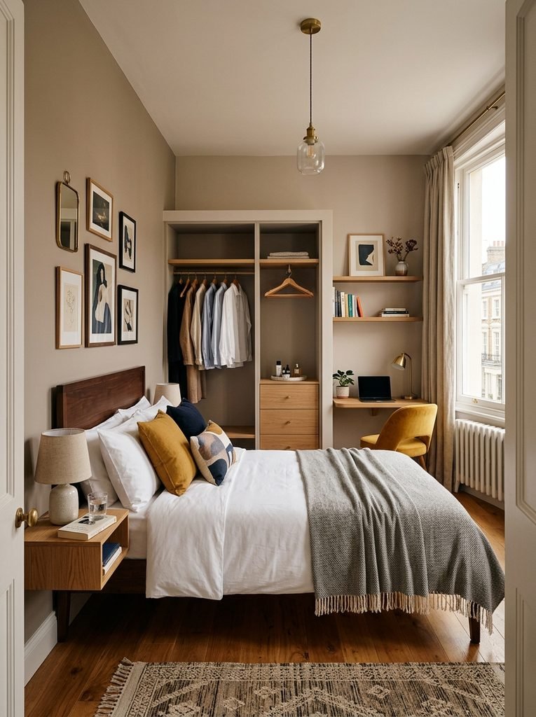 Proportionally scaled bed and furniture in a compact boutique hotel style apartment bedroom.
